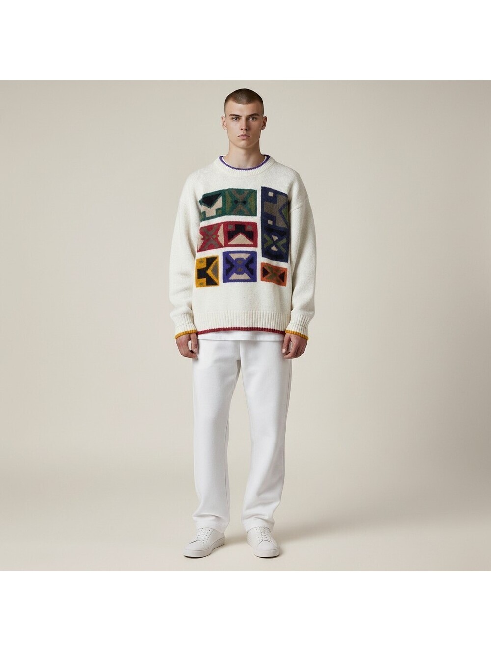 Boston Traders Sweater Pullover Men M Medium White Geometric Knit Cotton Soft